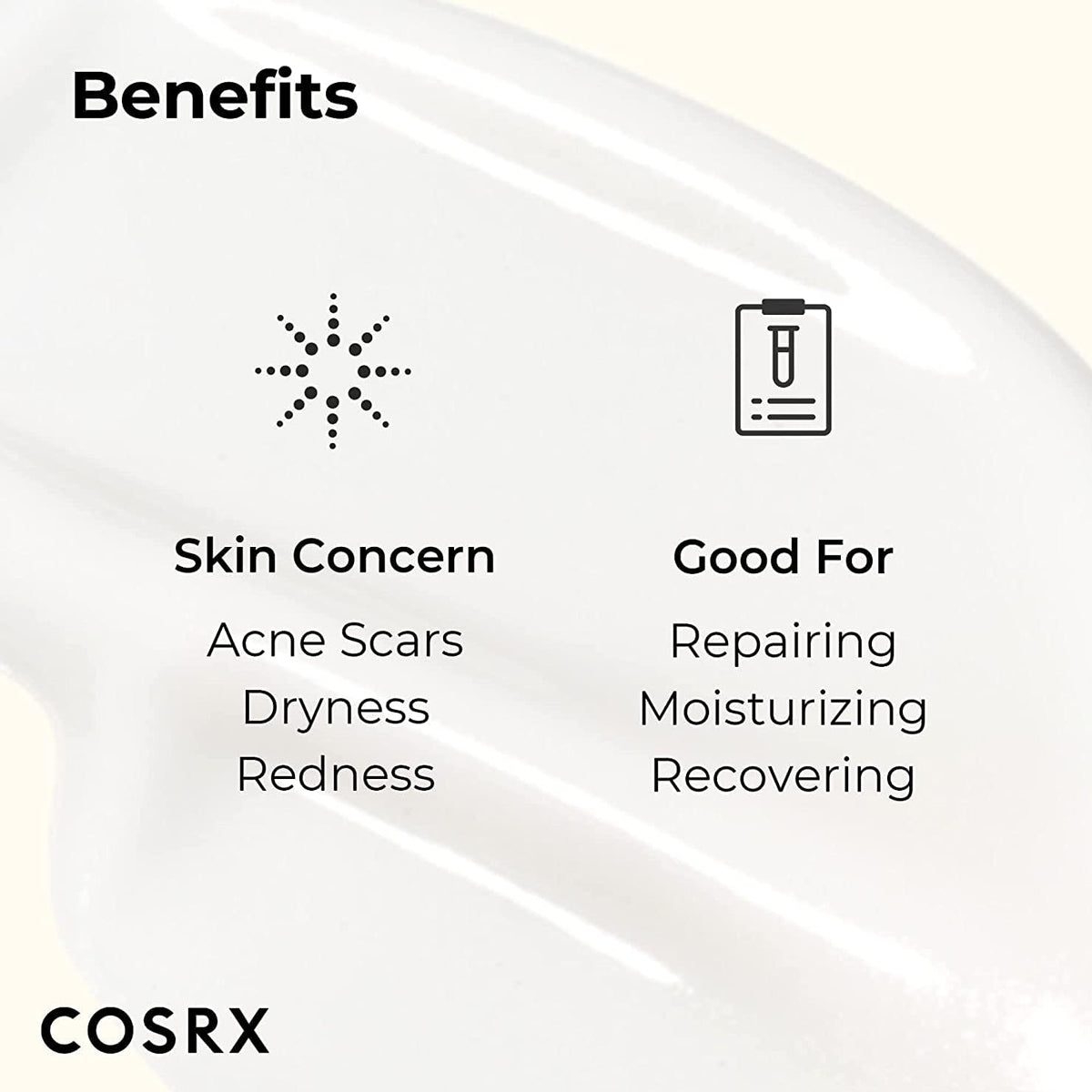 Cosrx product with icons and text indicating benefits for skin concerns and uses.