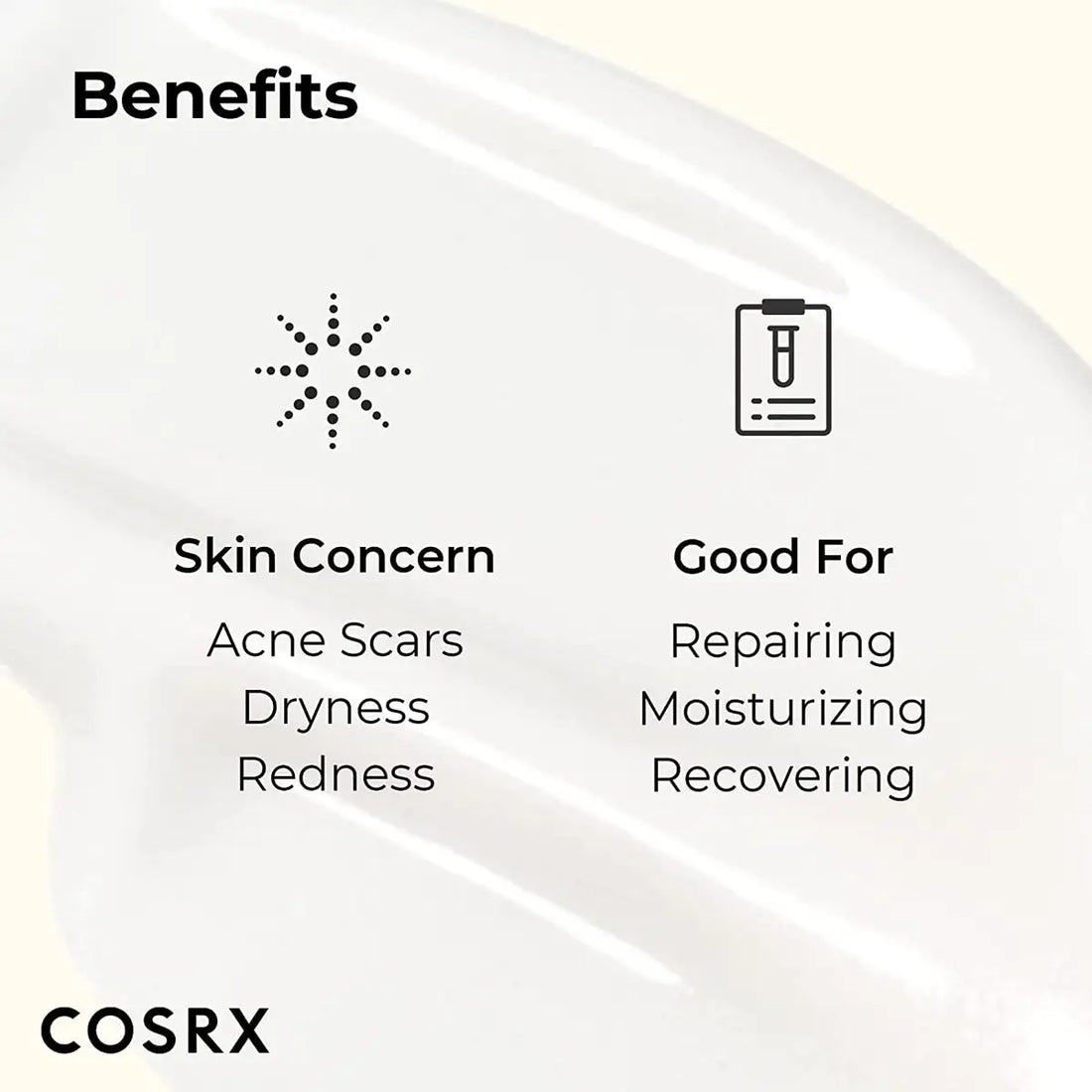 Cosrx product with icons and text indicating benefits for skin concerns and uses.