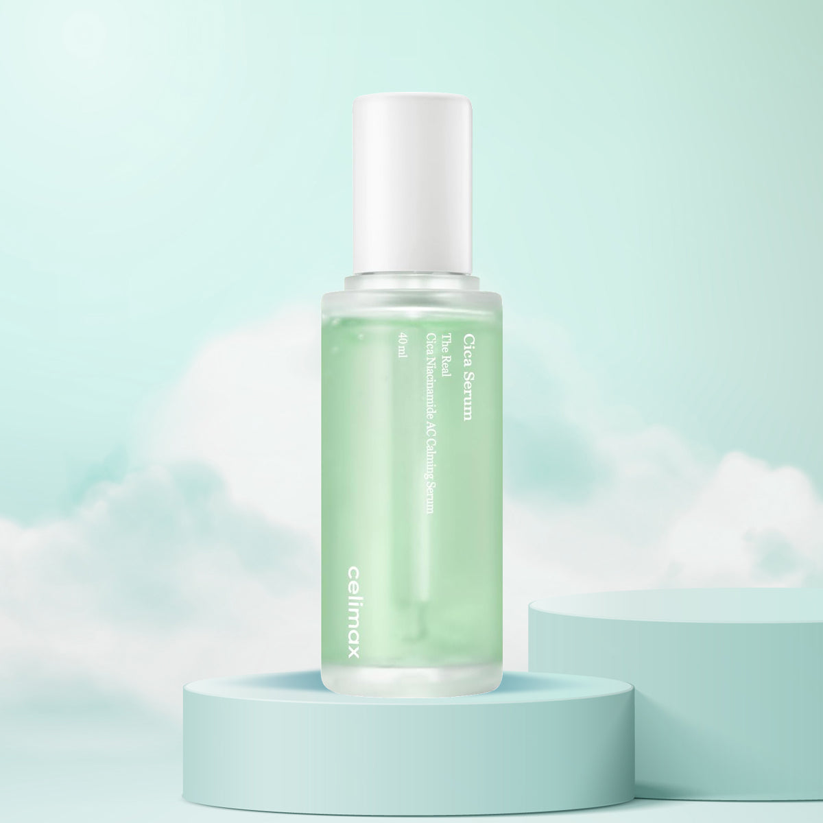 Celimax Real Cica Niacinamide AC Calming Serum in a green dropper bottle for sensitive and acne-prone skin, for sale in Dubai, Abu Dhabi, and Sharjah.