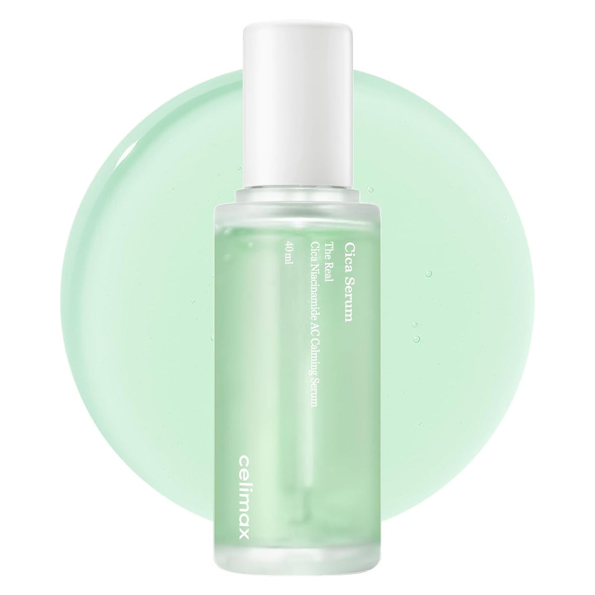 Skincare serum bottle with a green background