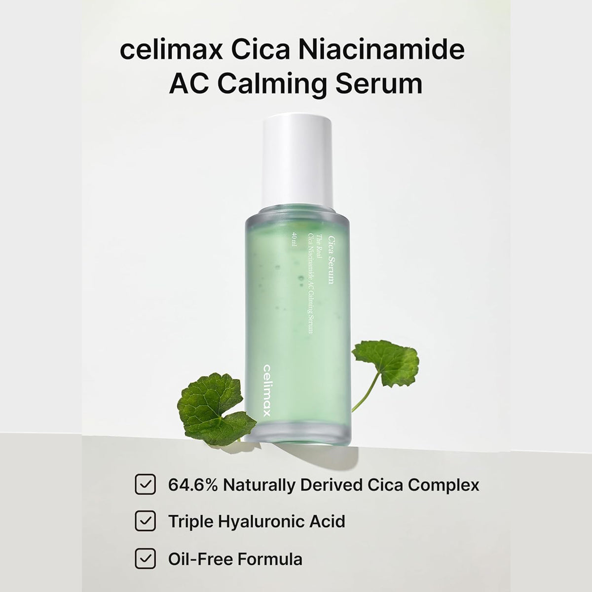 celimax Cica Niacinamide AC Calming Serum bottle with green leaves on a light gray background