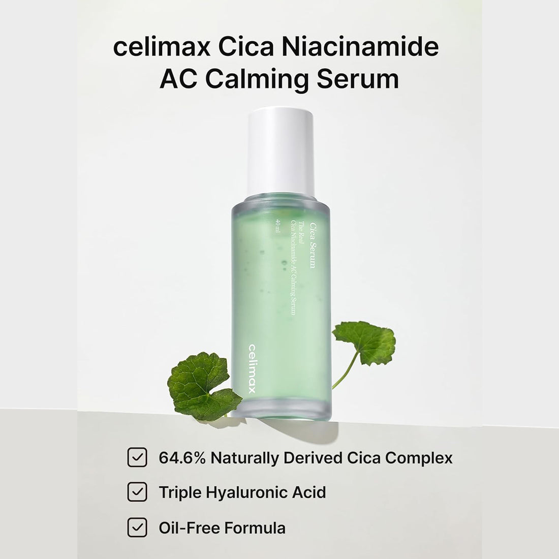 celimax Cica Niacinamide AC Calming Serum bottle with green leaves on a light gray background