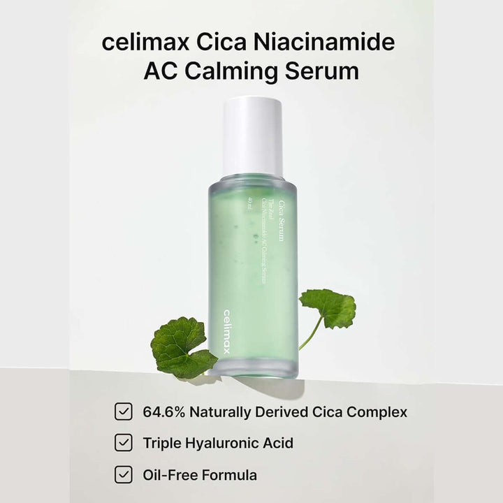 Real Cica Niacinamide AC Calming Serum (40mL) in a bottle with Centella Asiatica leaves, promoting skin calmness.