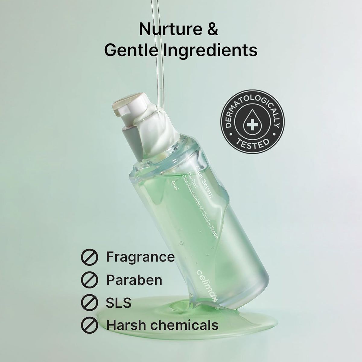 Bottle of skincare product with green liquid, labeled 'Nurture & Gentle Ingredients' on a light green background.