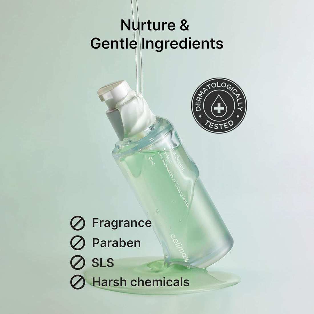 Bottle of skincare product with green liquid, labeled 'Nurture & Gentle Ingredients' on a light green background.