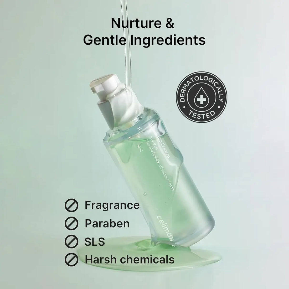 Bottle of skincare product with green liquid on a light green background, featuring a dermoklogically tested logo.