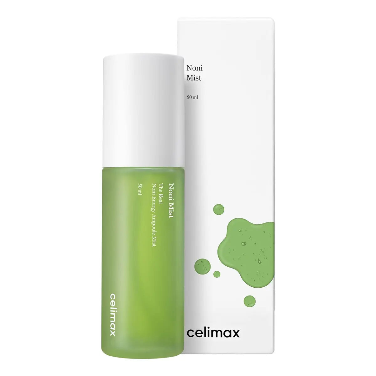 Green bottle and white box of celimax Noni Mist on a white background