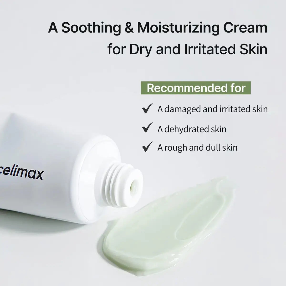 Celimax cream tube with text about soothing and moisturizing cream for dry and irritated skin.