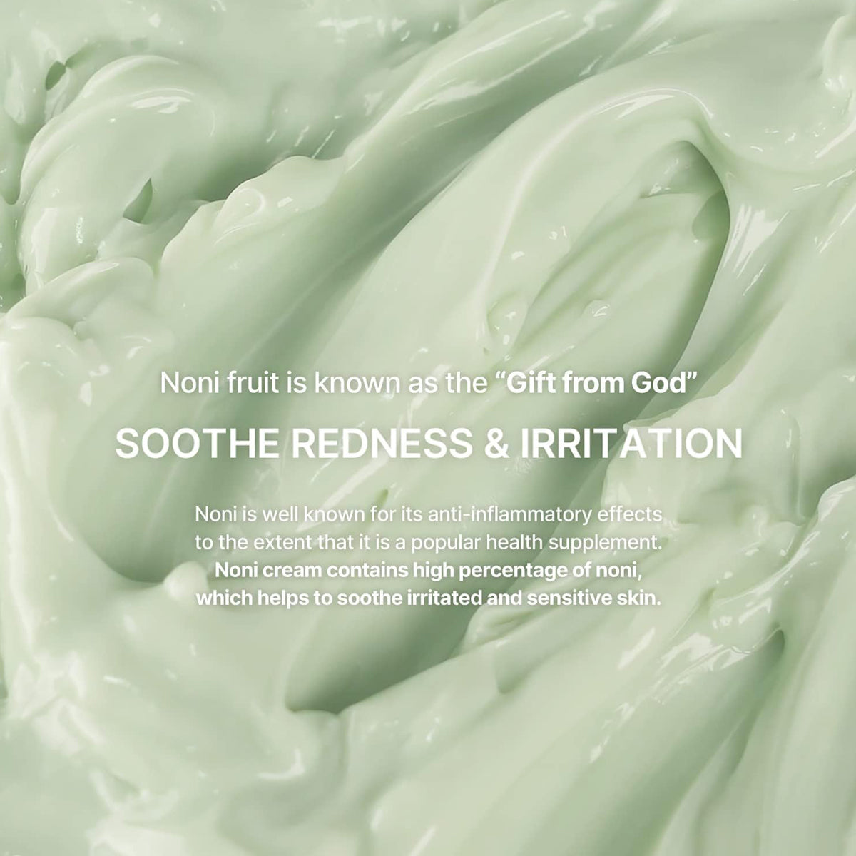 Green cream texture with text about noni fruit and its benefits