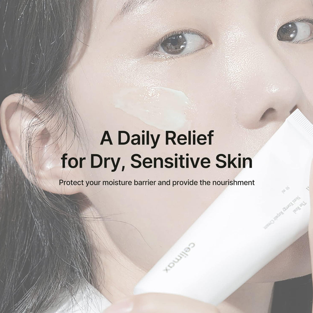 Person holding a skincare product with text about daily relief for dry, sensitive skin.