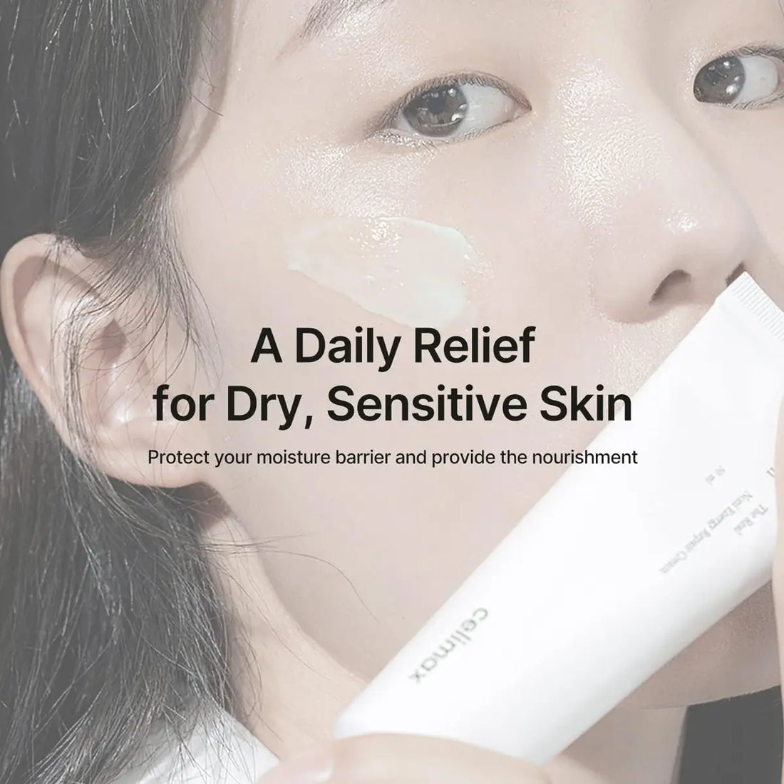 Person holding a skincare product with text about dry and sensitive skin relief.