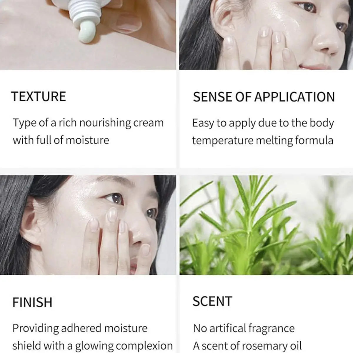 Product features of a nourishing cream with text on texture, application, finish, and scent.