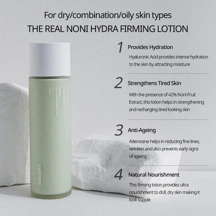 Green bottle of Celmex Real Noni Hydra Firming Lotion with product details on a light background