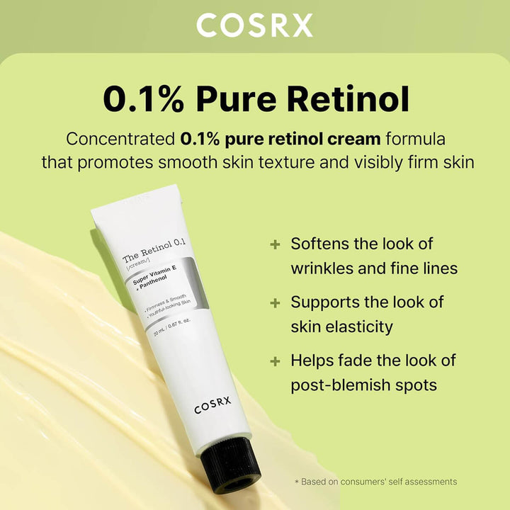 COSRX 0.1% Pure Retinol cream tube with product description on a green background