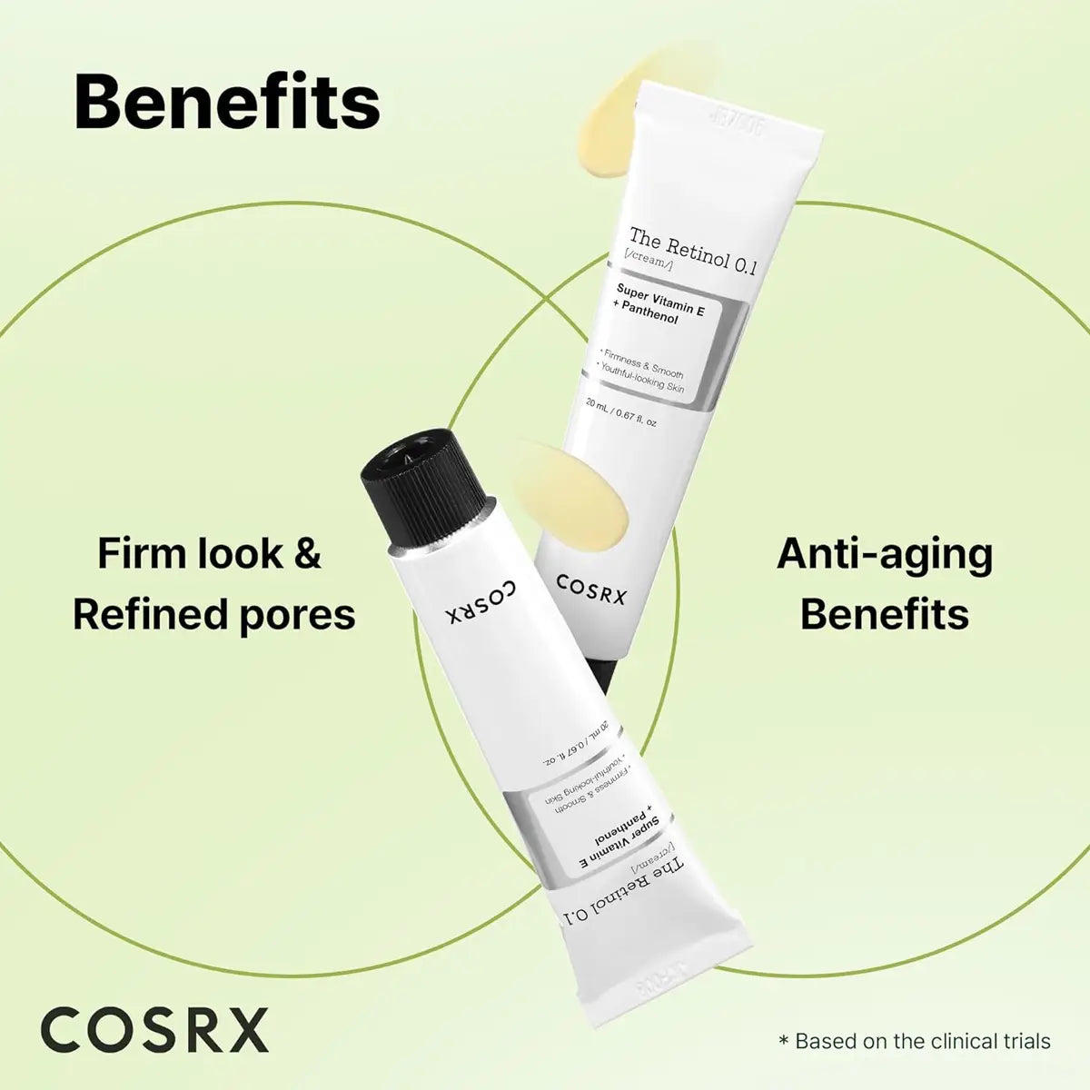 Two COSRX skincare products with text highlighting benefits on a green background
