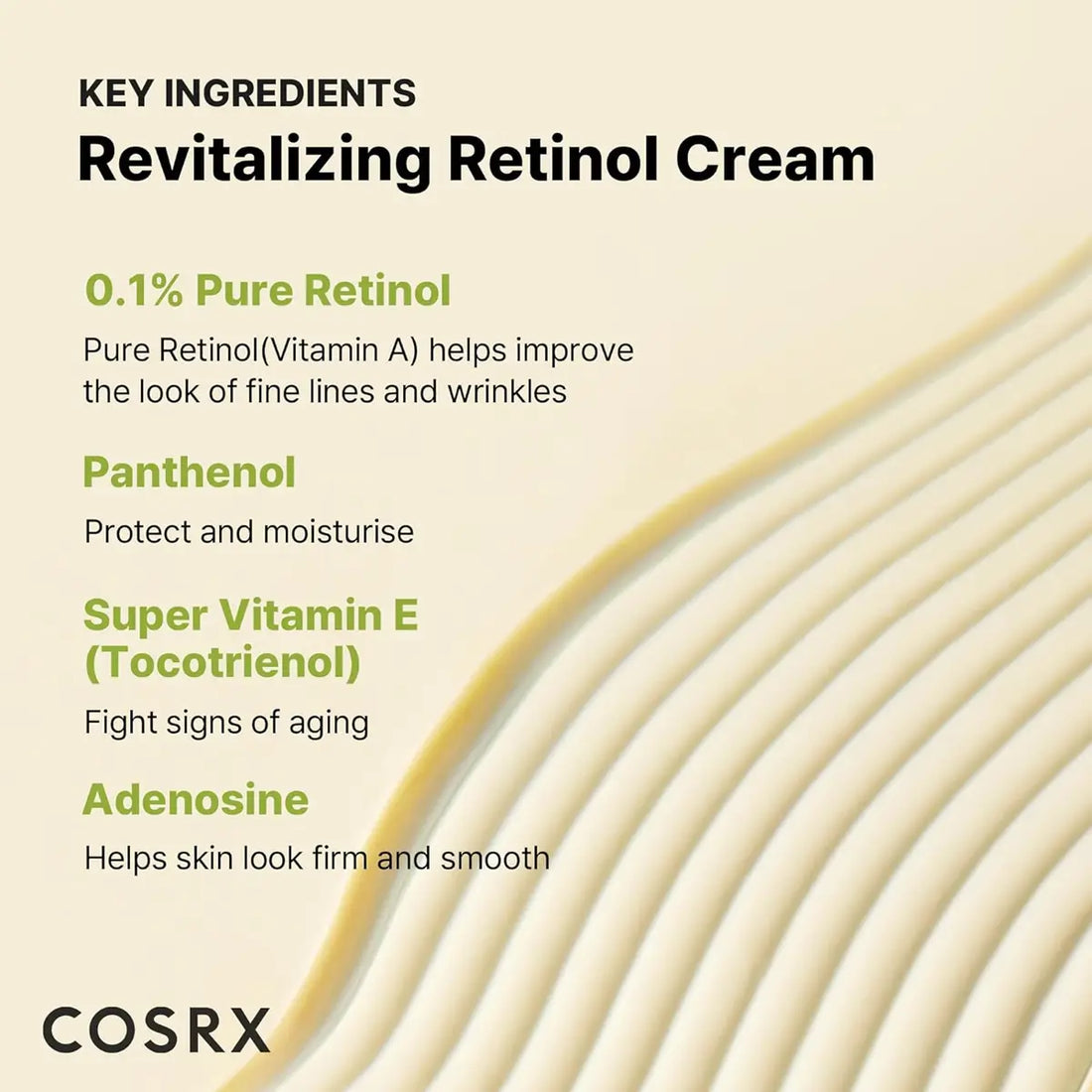 List of key ingredients in a revitalizing retinol cream with COSRX branding.