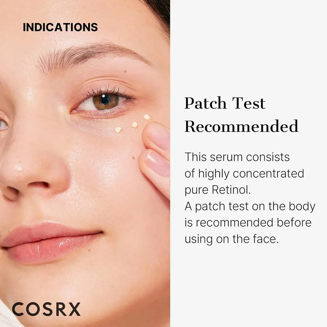 COSRX skincare serum application with text about patch testing.