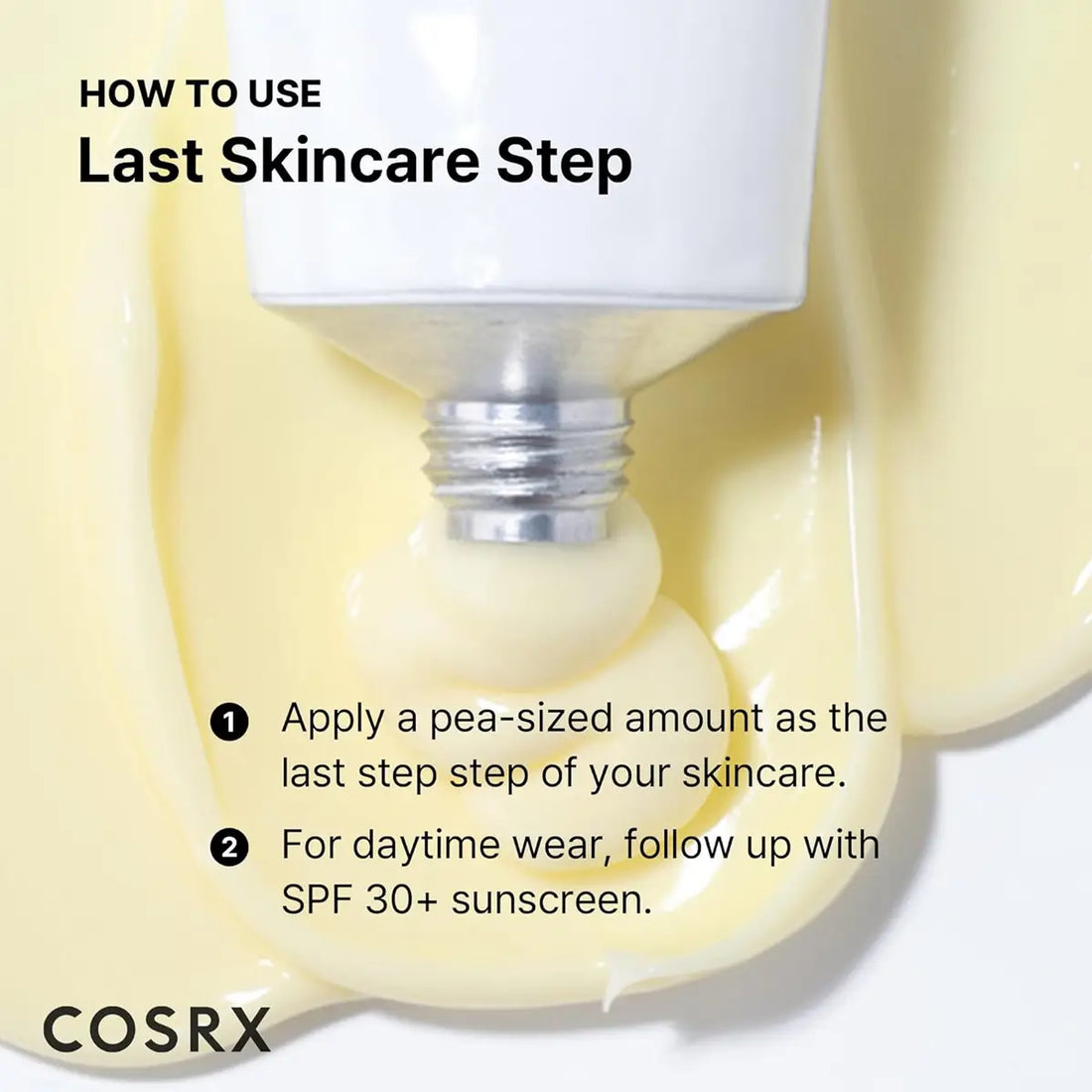 Cosrx skincare product with instructions on how to use it, including application amount and sunscreen recommendation.