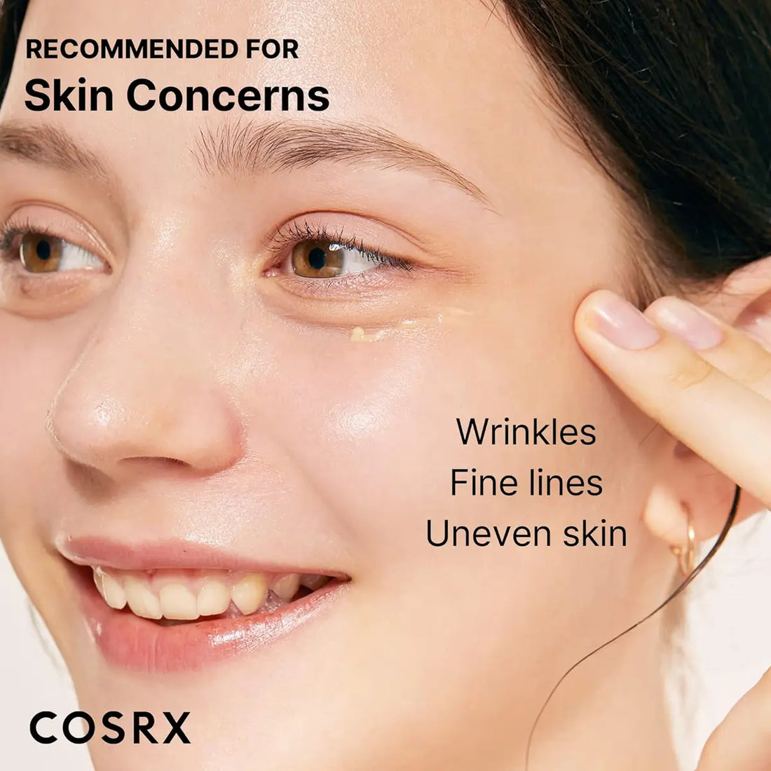 Cosrx The Retinol 0.1 Cream advertisement showing a close-up of a person's face with text indicating skin concerns.