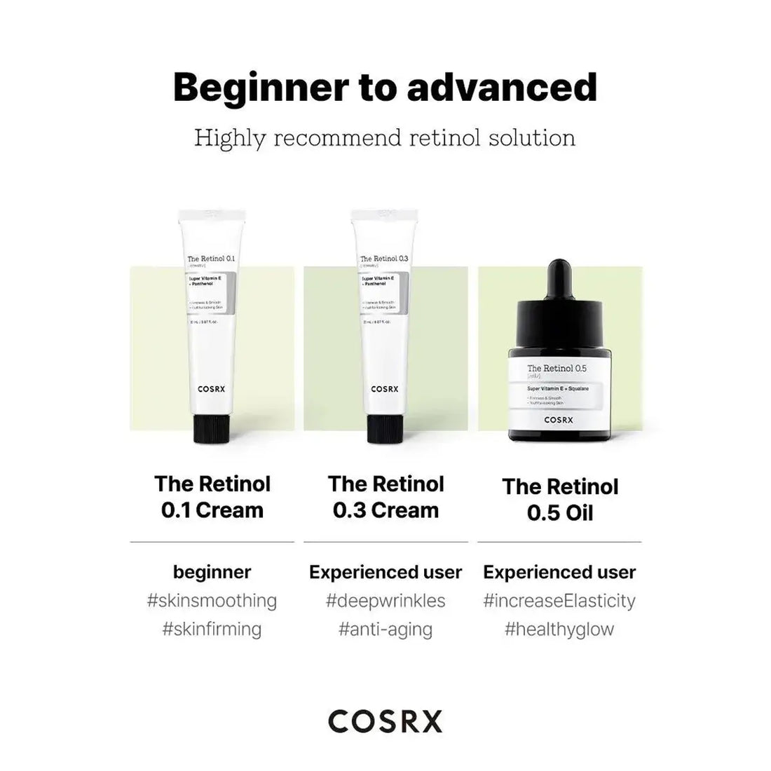 Cosrx retinol skincare products with labels for different users on a white background