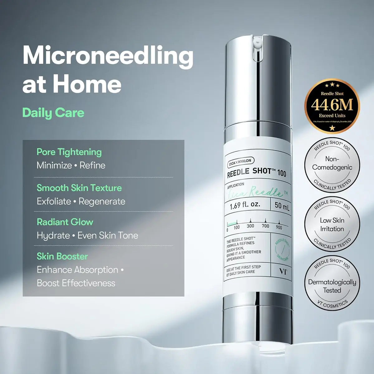 VT REEDLE SHOT 100 50mL microneedling serum for skin rejuvenation and enhanced absorption.