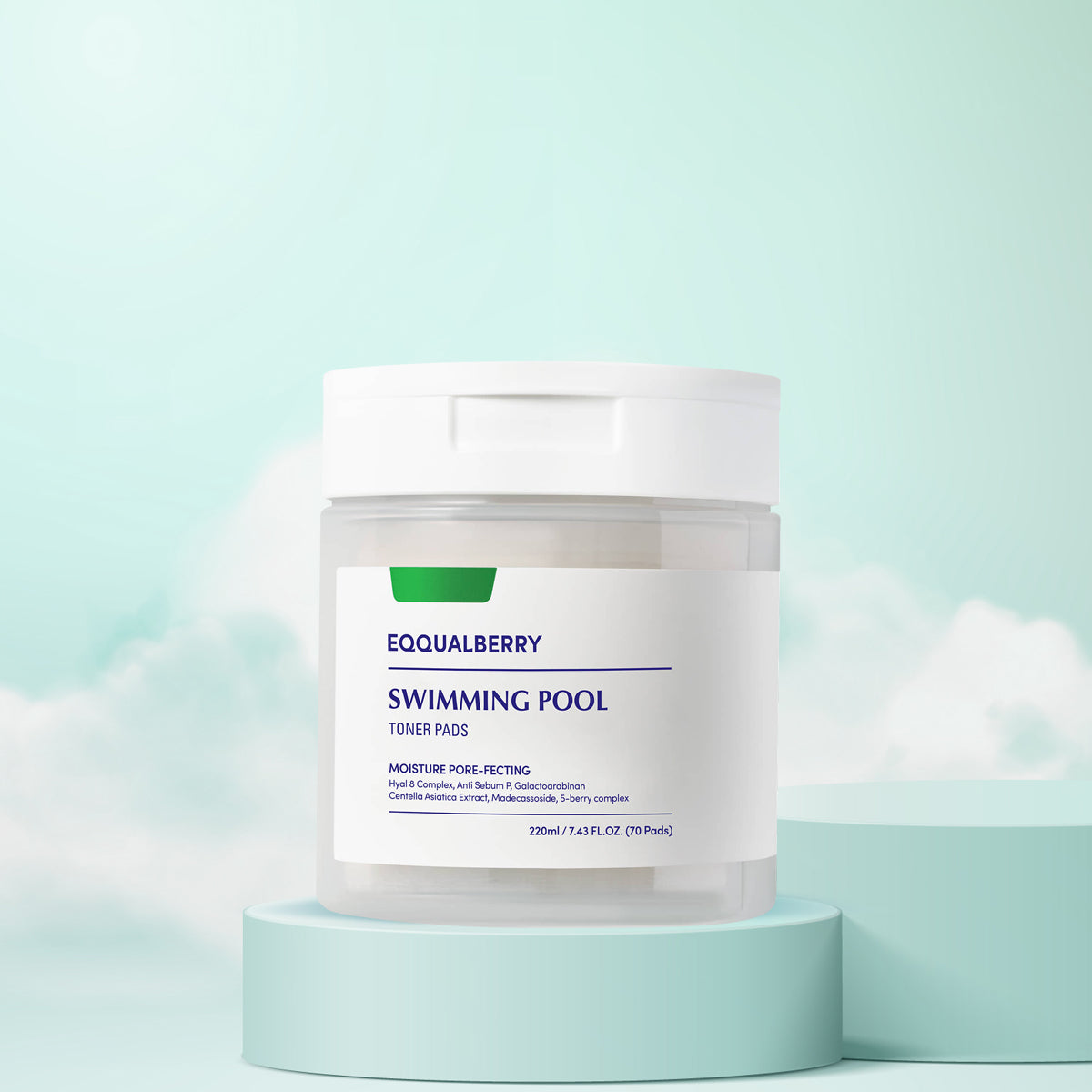 EQQUALBERRY Vegan Swimming Pool Toner Pads – Korean hydrating toner pads for dry and sensitive skin. Front