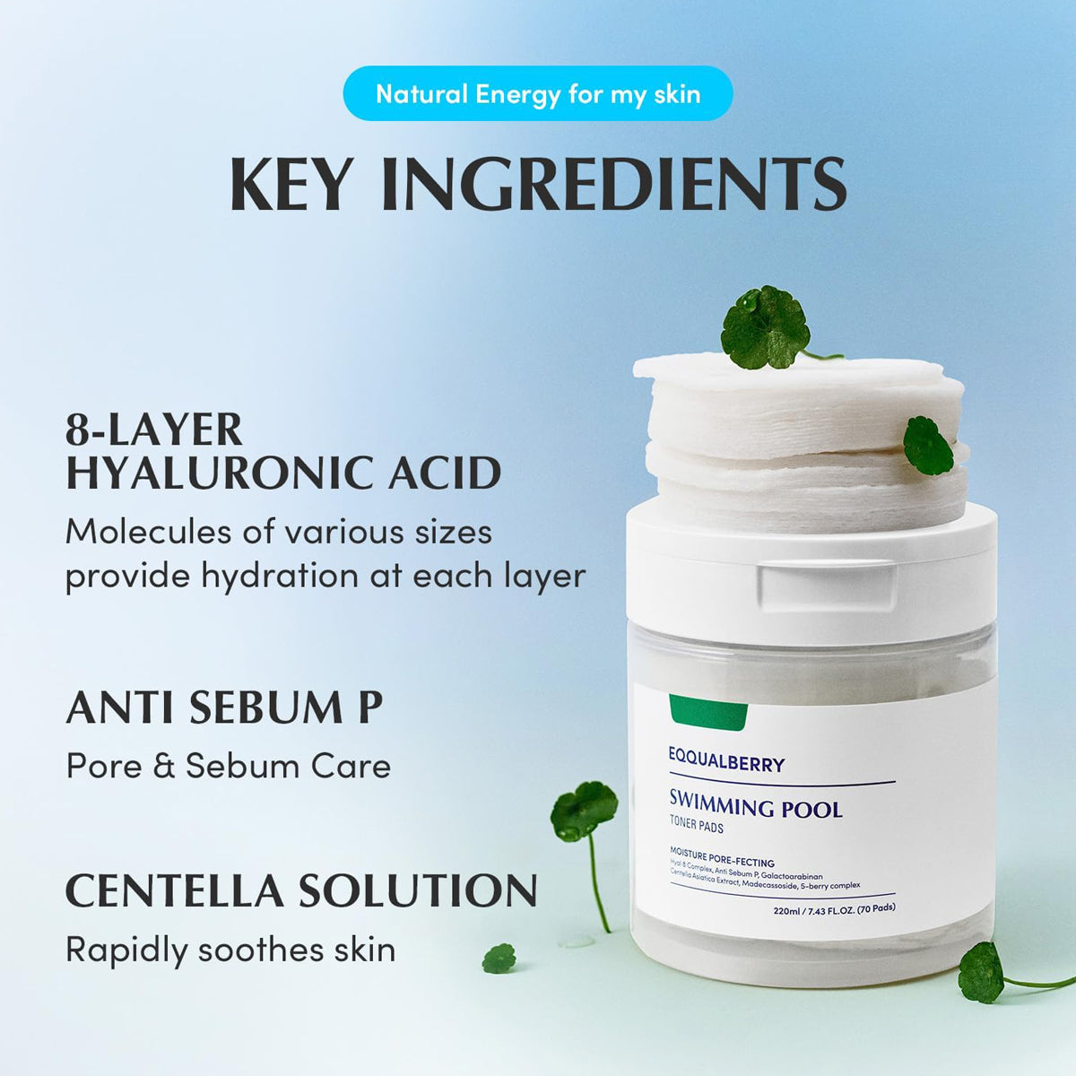 EQQUALBERRY Vegan Swimming Pool Toner Pads – Korean hydrating toner pads for dry and sensitive skin. Ingredients