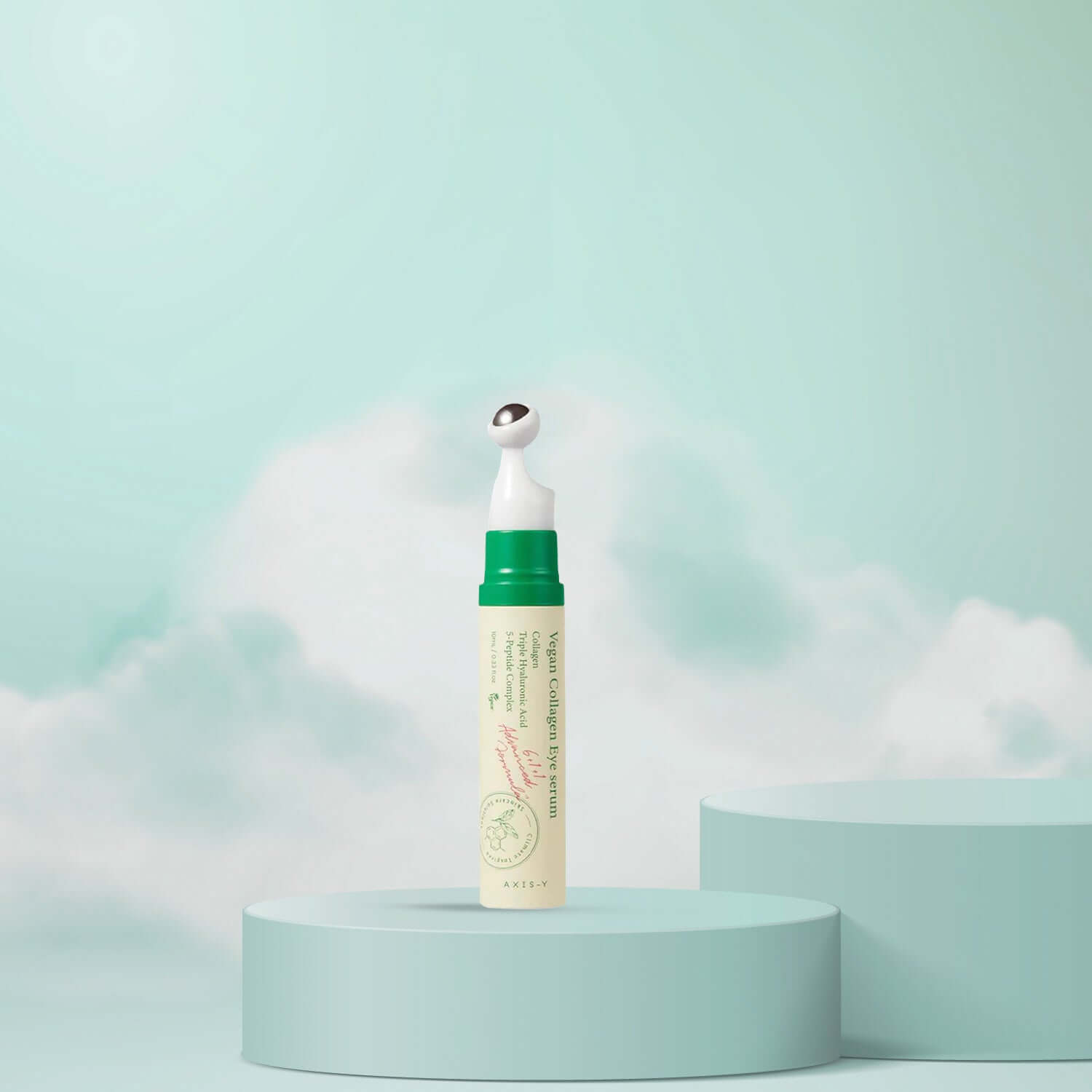 Skincare serum bottle with dropper on a light blue platform against a soft cloud background