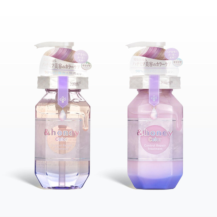 Two bottles of &honey Color hair color product on a white background