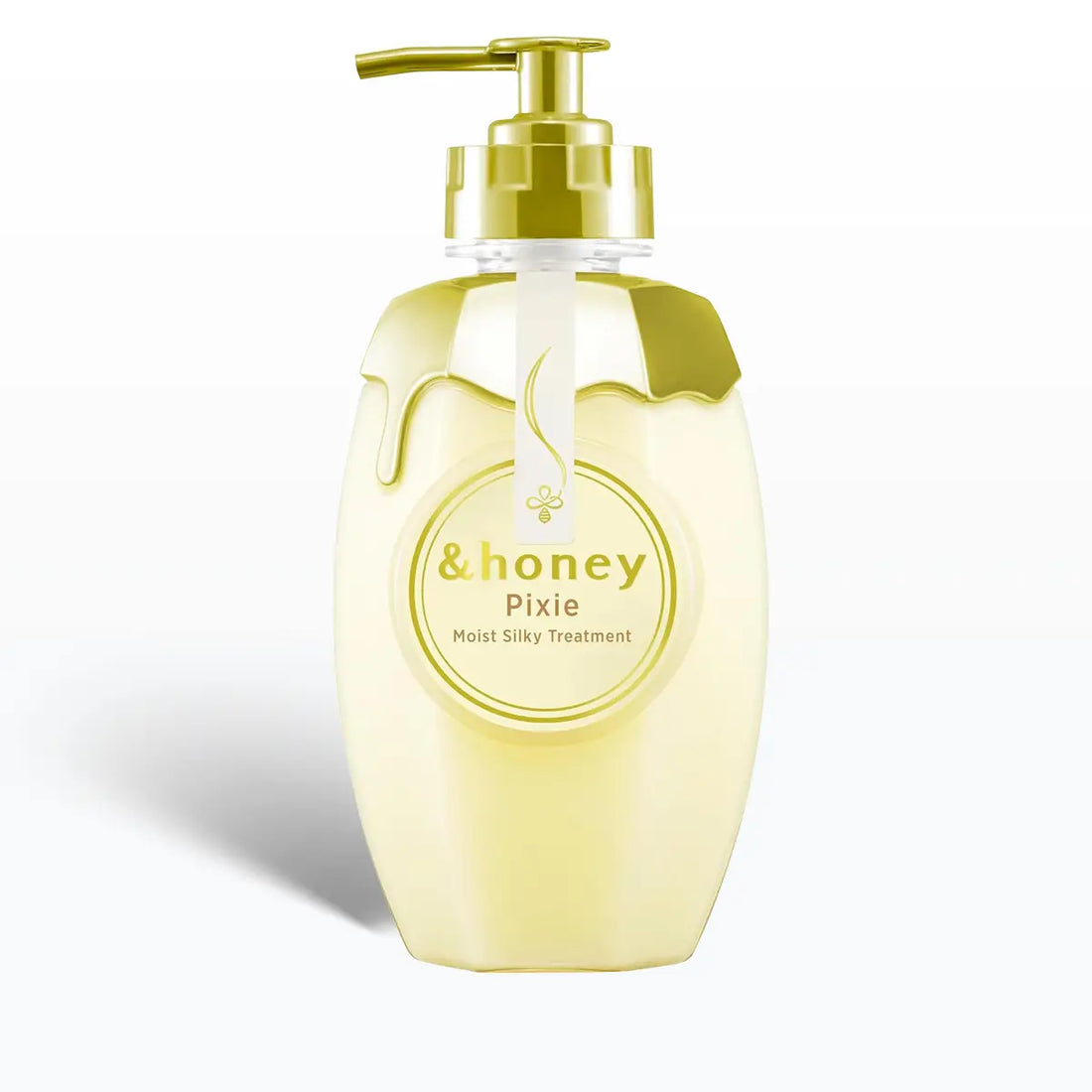 Bottle of &honey Pixie product with gold pump on a white background