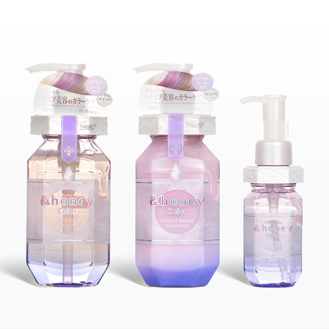 Three bottles of &honey color on a white background