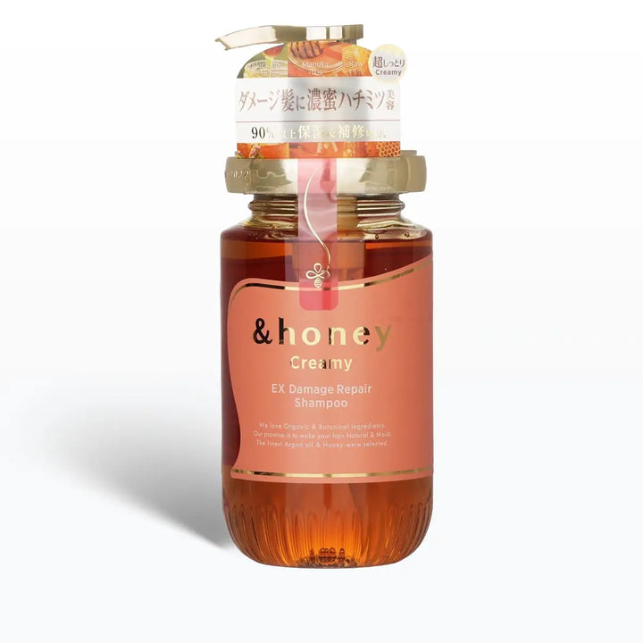 &Honey Creamy EX Damage Repair Shampoo 450mL in a transparent bottle, ultra-moisturizing hair care product.