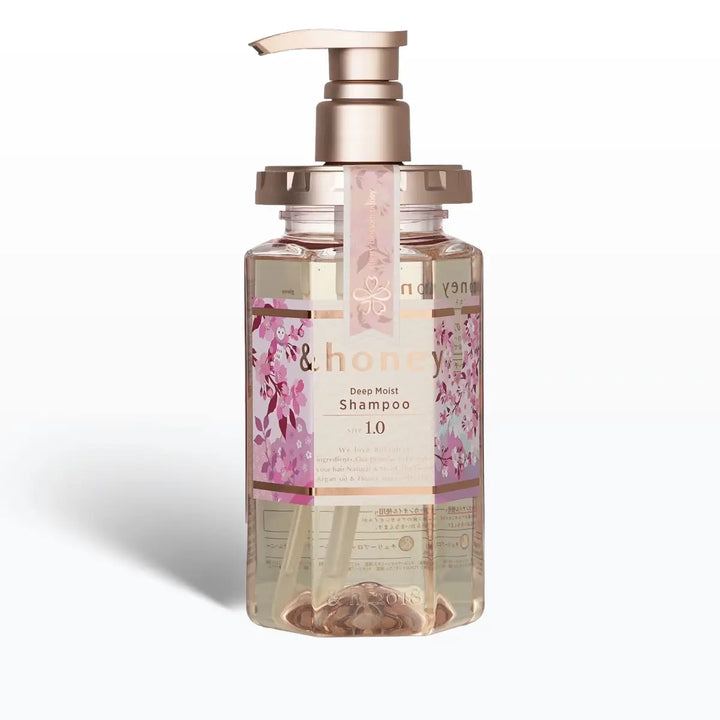 &Honey Deep Moist Cherry Blossom Honey Shampoo 440mL with pump, featuring cherry blossom design, hydrating honey extracts.