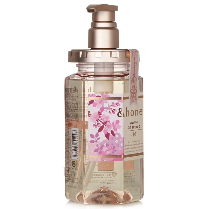 &Honey Deep Moist Cherry Blossom Honey Shampoo 440mL in a clear pump bottle with pink cherry blossom design.