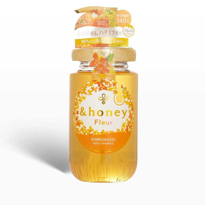 &Honey Fleur KINMOKUSEI Moist Shampoo 450mL bottle with floral design and moisturizing properties.