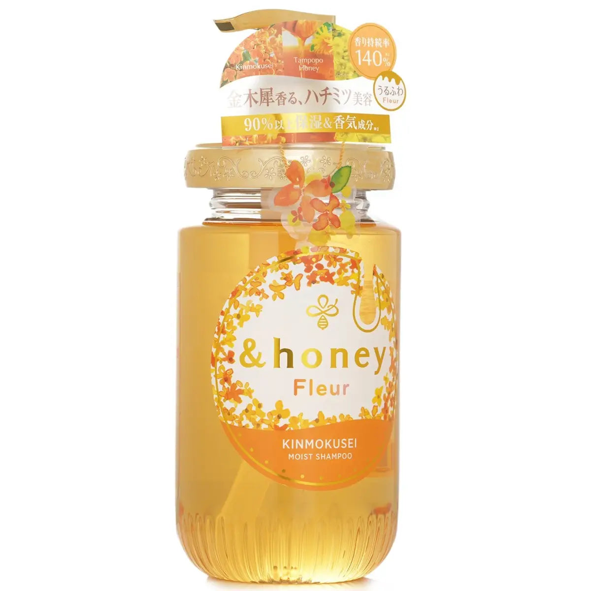 &Honey Fleur KINMOKUSEI Moist Shampoo 450mL in a clear bottle with floral design and luxurious packaging.