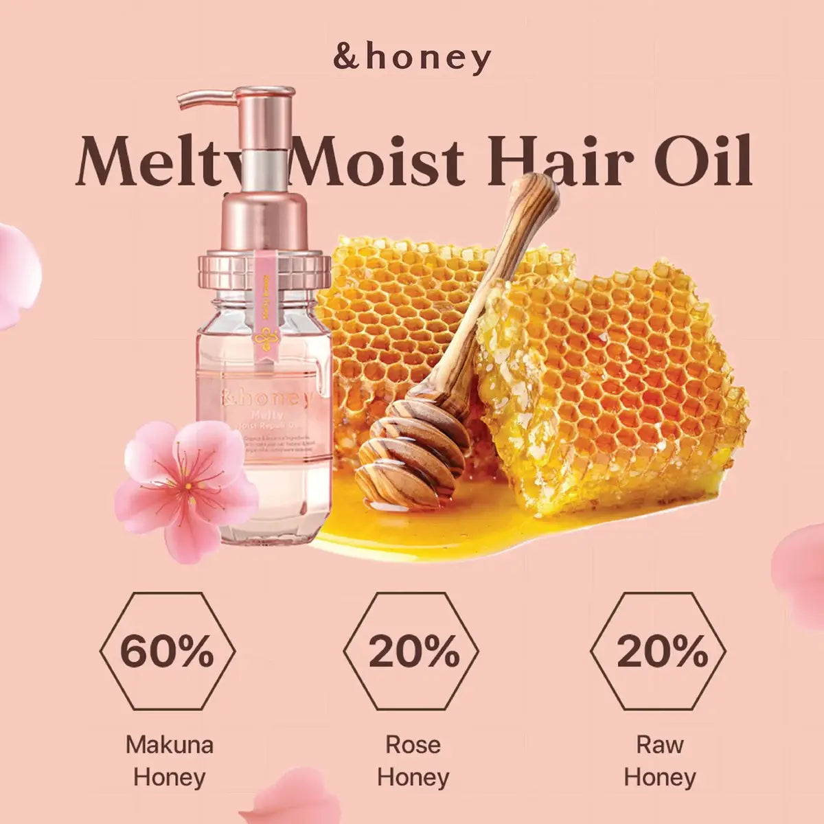 &Honey Melty Moist Repair Hair Oil 100mL with honeycomb and honey dripper, designed for hydration and shine.