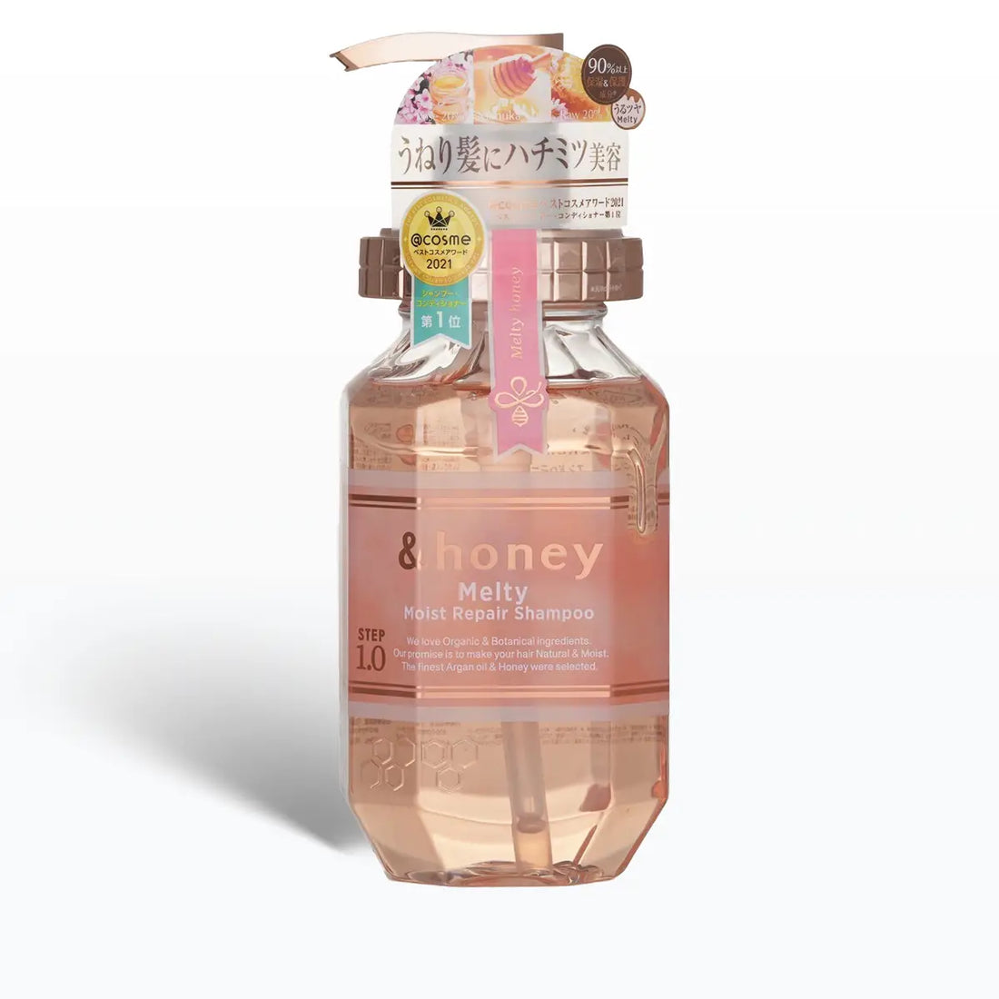 &Honey Melty Moist Repair Shampoo 440mL in a transparent bottle with honey label, designed for hydration and frizz control.