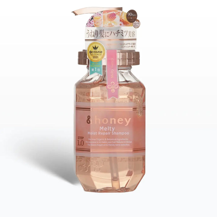 &Honey Melty Moist Repair Shampoo 440mL in a transparent bottle with honey label, designed for hydration and frizz control.