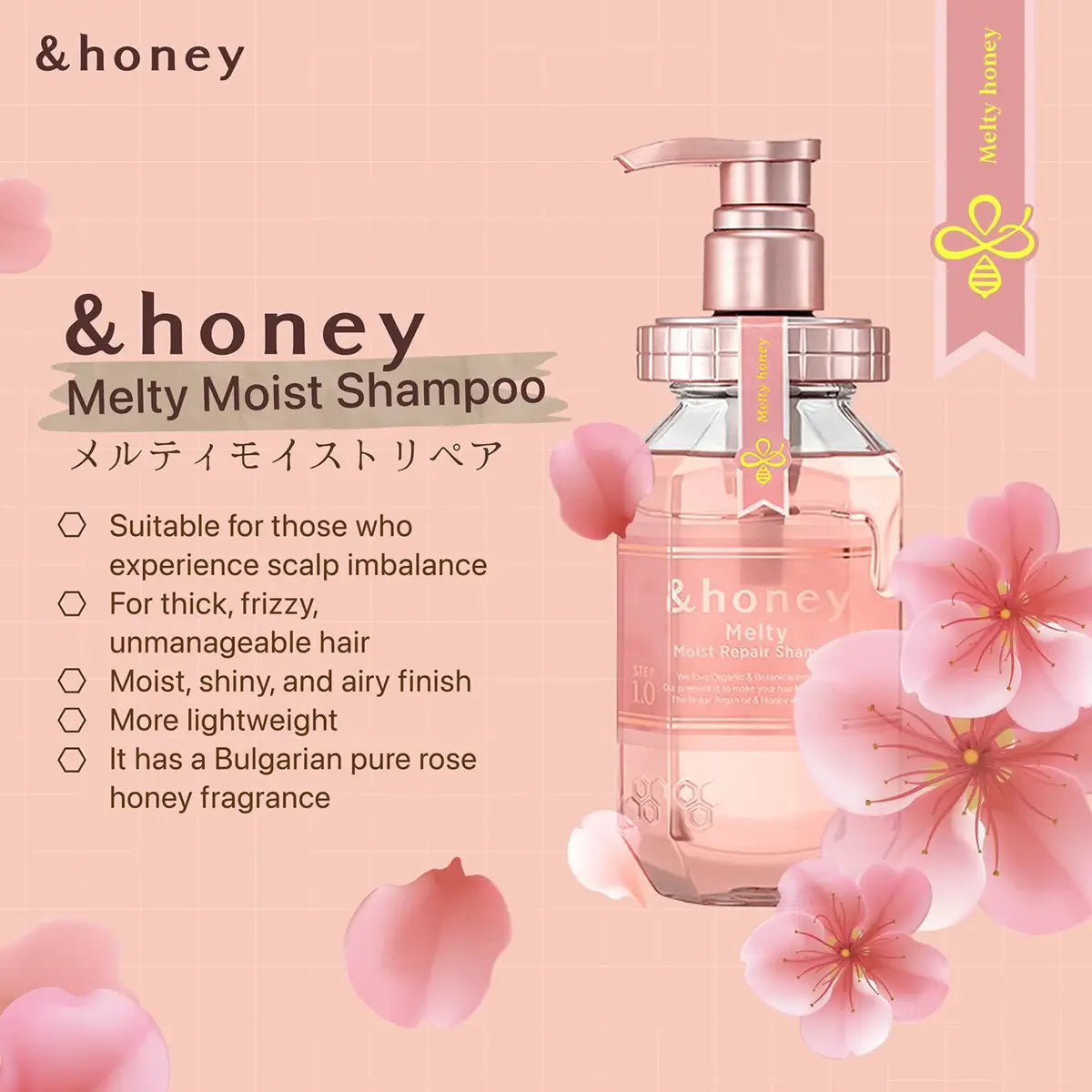 &Honey Melty Moist Repair Shampoo 440mL bottle with floral accents and pump design, perfect for frizzy hair.