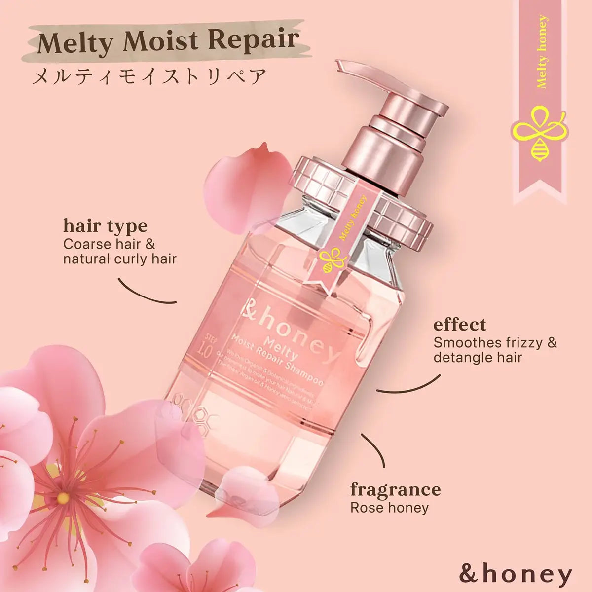 &Honey Melty Moist Repair Shampoo 440mL in a clear bottle with pink pump, surrounded by floral accents.