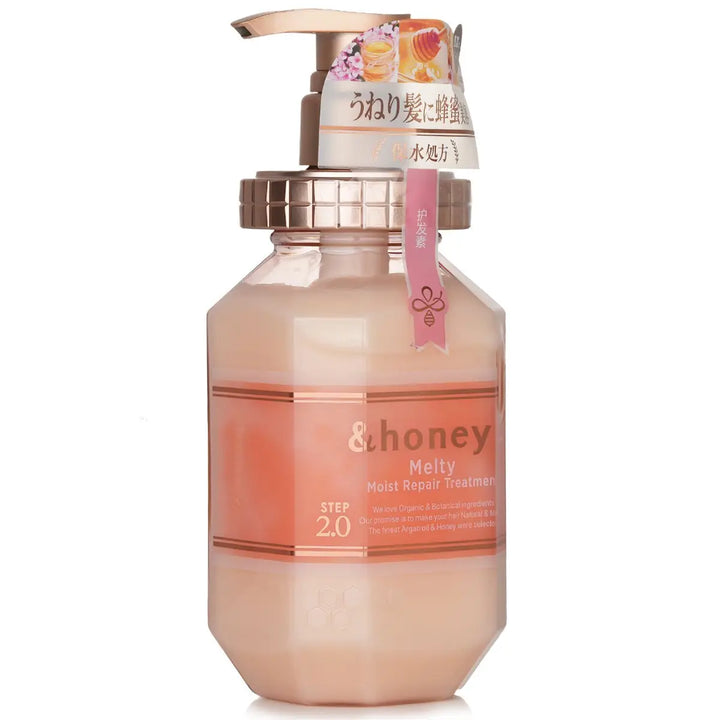 &Honey Melty Moist Repair Treatment 440mL in a pump bottle, designed for deep hydration and frizz control.