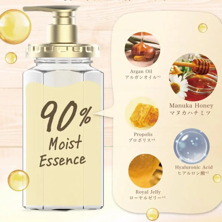 90% Moist Essence featuring Argan Oil, Manuka Honey, Propolis, Hyaluronic Acid, and Royal Jelly for deep hydration.