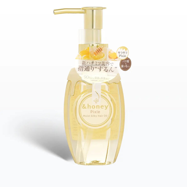 &Honey Pixie Moist Silky Hair Oil 100mL in a sleek bottle with pump dispenser, perfect for frizz control and shine.
