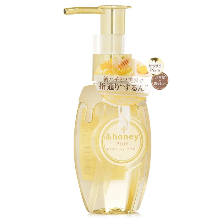 &Honey Pixie Moist Silky Hair Oil 100mL in a clear pump bottle showcasing its lightweight, nourishing formula.