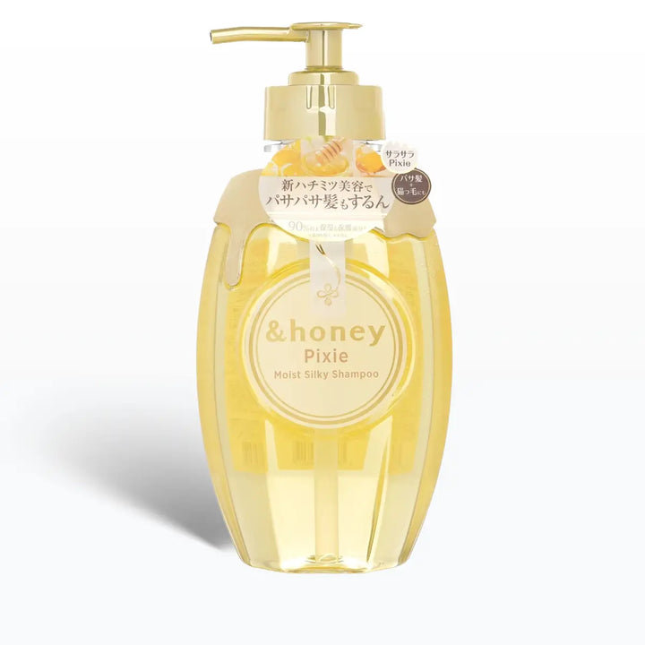 &Honey Pixie Moist Silky Shampoo 440mL in a clear pump bottle with yellow liquid.