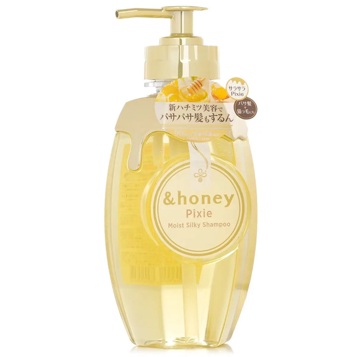 &Honey Pixie Moist Silky Shampoo 440mL bottle with pump for deeply hydrating and smoothing hair care.