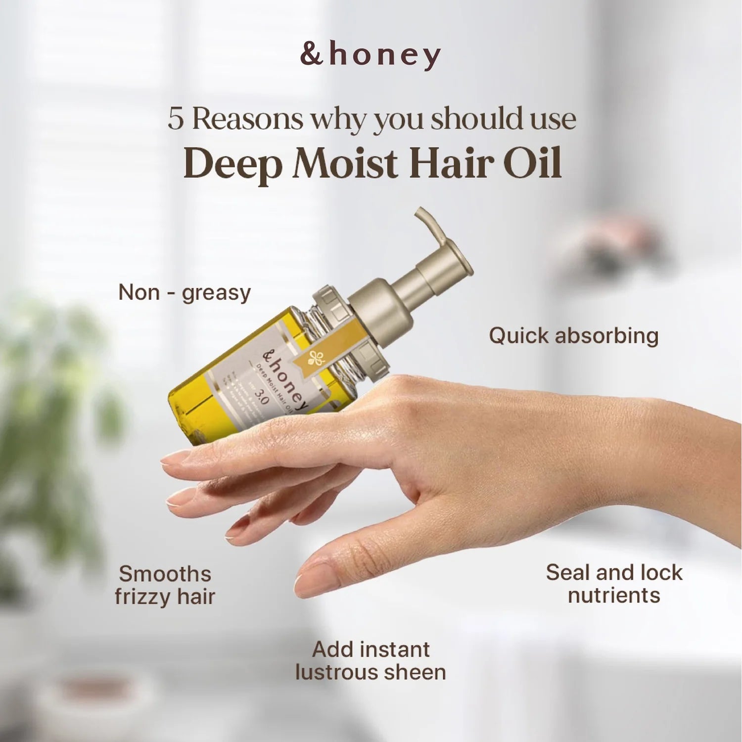 Hand holding a bottle of deep moist hair oil with text listing reasons to use it.