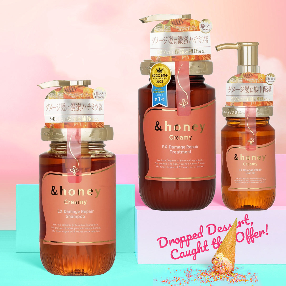 Three bottles of &honey hair care products on a colorful background