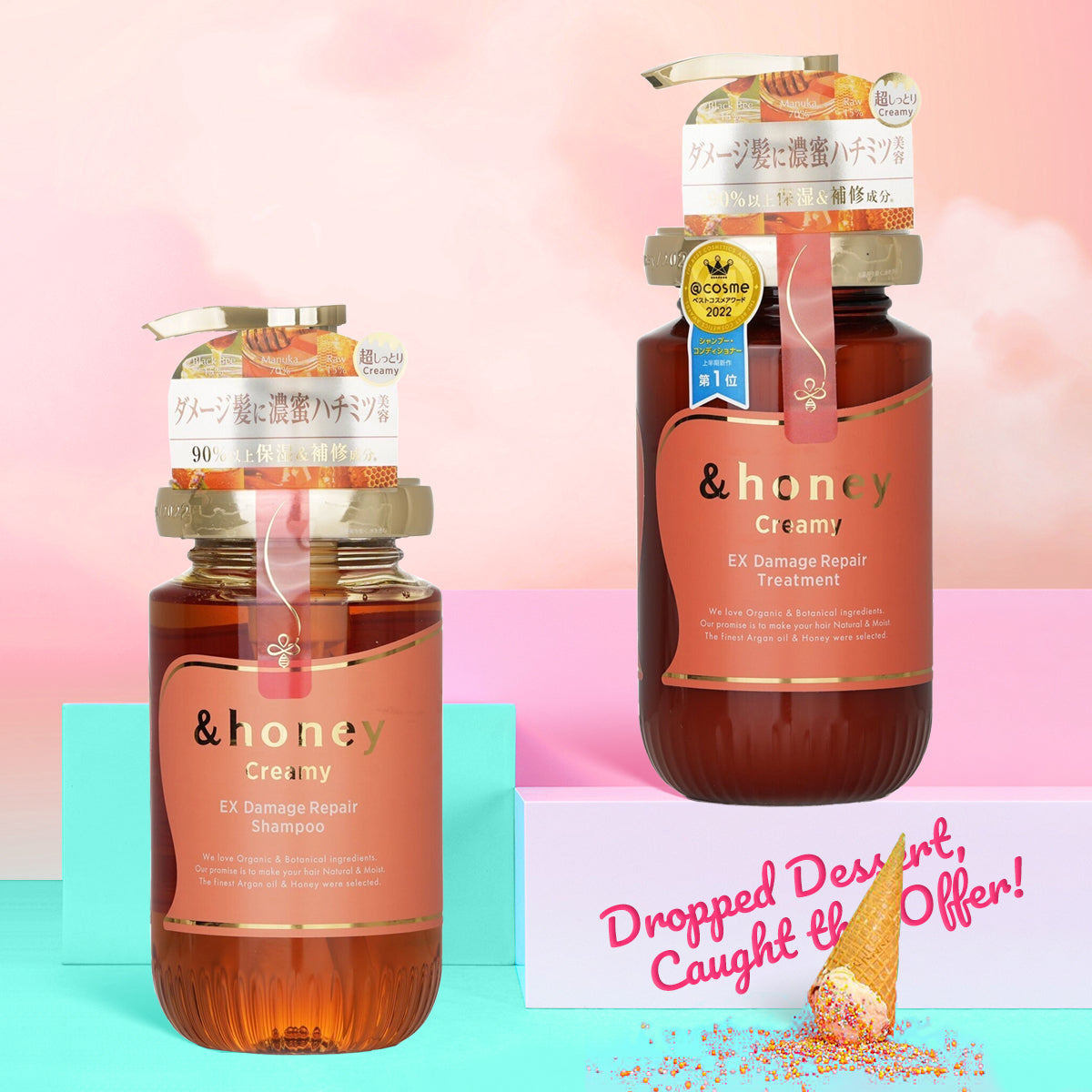Two bottles of &honey creamy EX Damage Repair Treatment on a colorful background with promotional text.